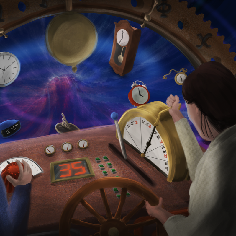 An illustration of an HG-wells style time machine interior. A blue-and-purple vortex is seen out the cockpit window, with clocks from all eras flying by. A woman in a white lab coat has her left hand on a wooden steering wheel and her right hand on one of those old-fashioned ship transmission thingies. There's an LCD display reading 