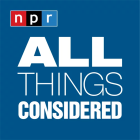 The logo for NPR's All Things Considered. NPR logo in the upper-left. Dark blue background with white text. The word 
