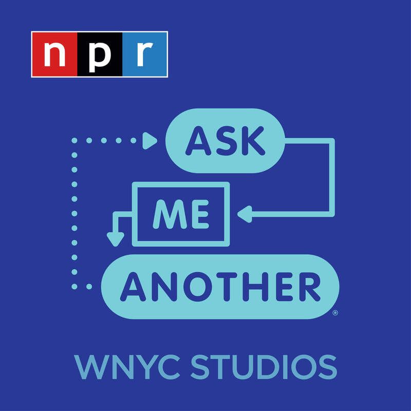 Podcast tile for NPR's Ask Me Another. Dark blue background. NPR logo in the upper-left corner. A light blue Ask Me Another logo where each word is part of a flow chart. At the bottom it says WNYC Studios.
